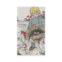 Vintages Mädchen mit Hühnern, Text auf der Rücksei