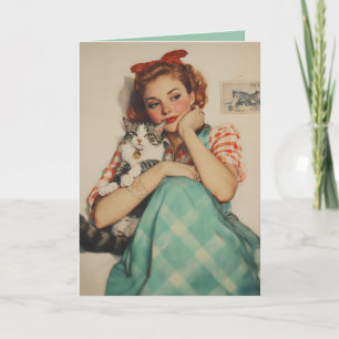 Vintages Mädchen mit Katze Einladung