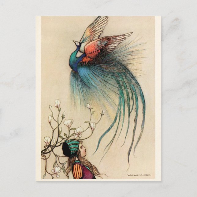Vintages Mädchen mit Peacock-Malerei Postkarte (Vorderseite)