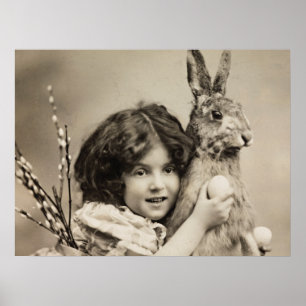 Vintages Mädchen mit Riesenhase Poster