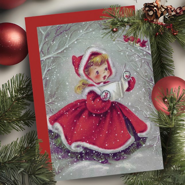Vintages Mädchen mit Schneebären Weihnachten Karte (Vintage Girl With Snow Birds Custom Christmas Card. Add a special message and your name!)