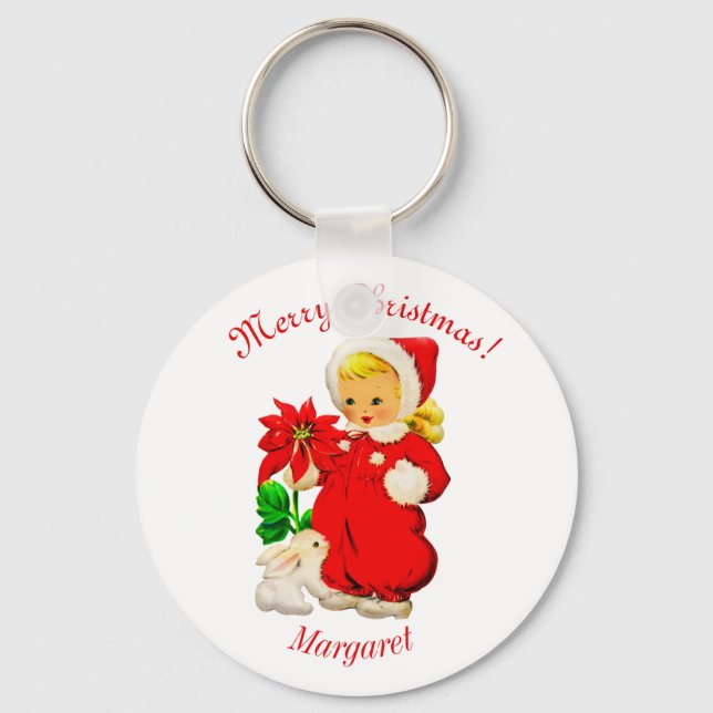 Vintages Mädchen mit sonniger Kaninchenweihnachtsk Schlüsselanhänger (Vorderseite)