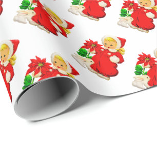 Vintages Mädchen mit sonniger Weihnachtsgeschenkpa Geschenkpapier
