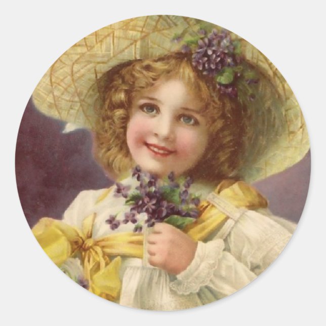 Vintages Mädchen mit Violett-Blume Runder Aufkleber (Vorderseite)