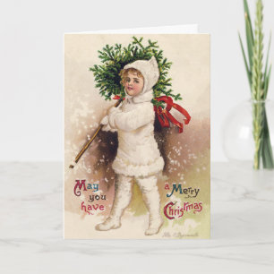 Vintages Mädchen mit Weihnachtsbaum, Ellen Clapsad Feiertagskarte