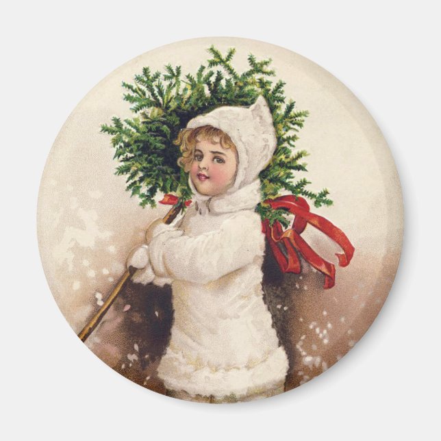 Vintages Mädchen mit Weihnachtsbaum, Ellen Clapsad Magnet (Vorne)