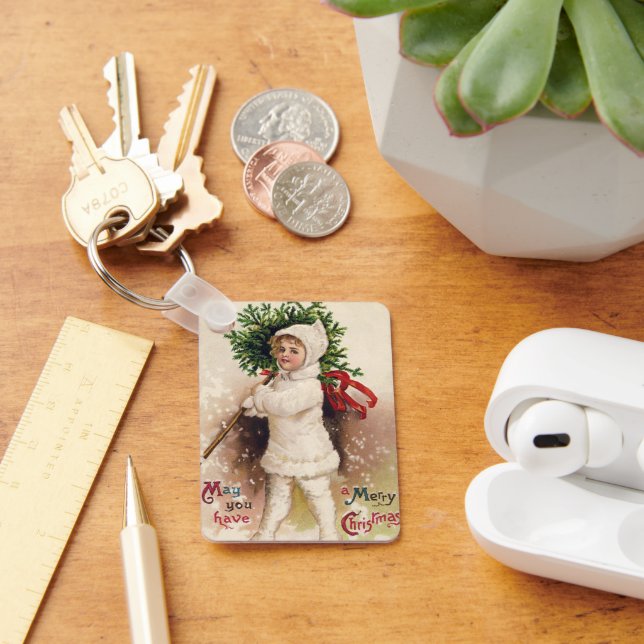 Vintages Mädchen mit Weihnachtsbaum, Ellen Clapsad Schlüsselanhänger (Schreibtisch)