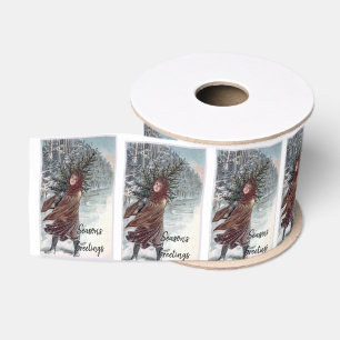 Vintages Mädchen mit Weihnachtsbaum Ripsband