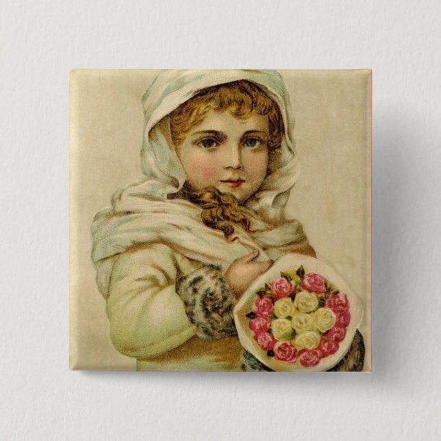 Vintages Mädchen mit Winter-Rosen-Knopf Button (Vorderseite)