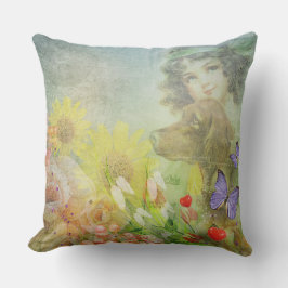 Vintages Mädchen und ihr Hundekissen Kissen