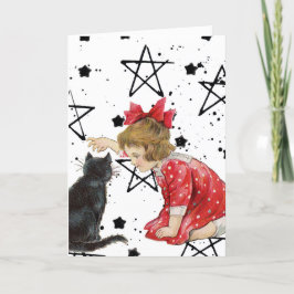 Vintages Mädchen und Schwarzes Katzen Halloween Feiertagskarte