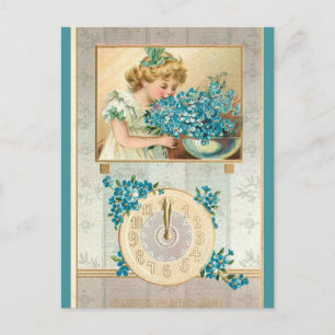 Vintages Mädchen und vergiss mir Nots Happy New Ye Postkarte