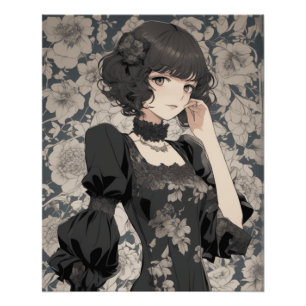 Vintages Manga Girl in LBD - Retro Elegante Anime Poster