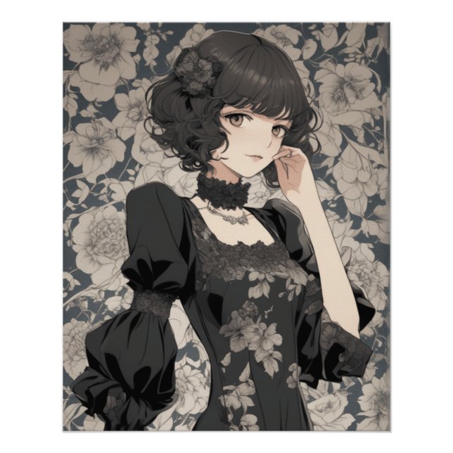 Vintages Manga Girl in LBD - Retro Elegante Anime Poster (Vorderseite)