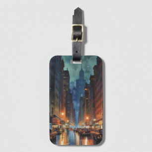 Vintages Manhattan New York City Nachtmalerei Gepäckanhänger