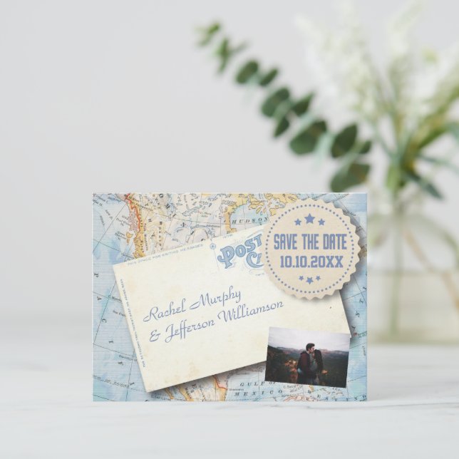 Vintages Map Foto Hochzeitssache speichern Ankündigungspostkarte (Stehend Vorderseite)