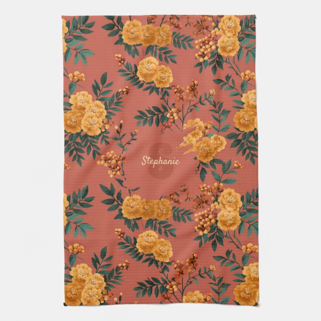 Vintages Marigold Calendula Floral Pattern Geschirrtuch (Vertikal)