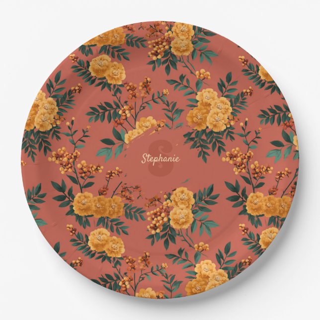 Vintages Marigold Calendula Floral Pattern Pappteller (Vorderseite)