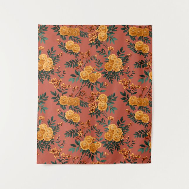 Vintages Marigold Calendula Floral Pattern Wandteppich (Vorderseite)