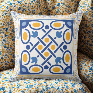 Vintages mediterranes Blue & Gold Floral Tile Kissen