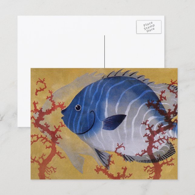 Vintages Meeresleben Tropischer Blauer Fischkorb Postkarte (Vorne/Hinten)