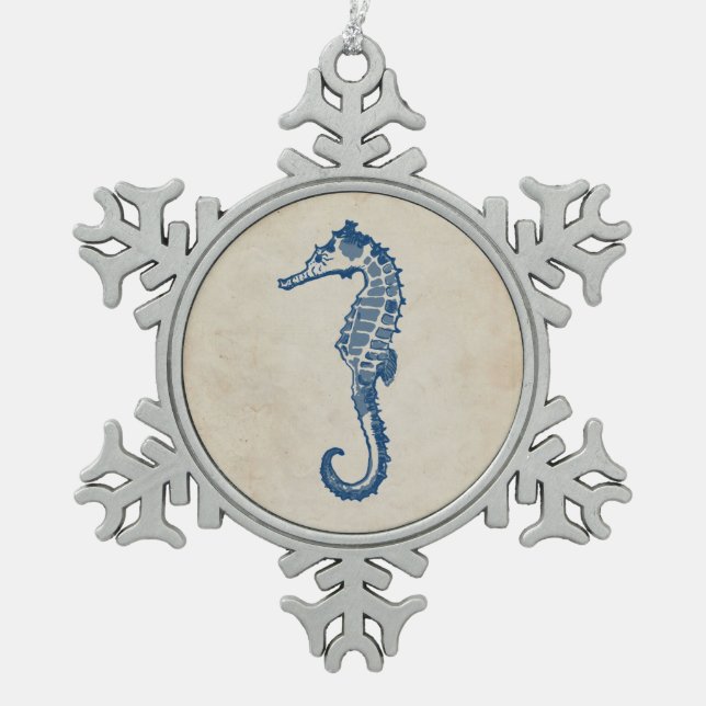 Vintages Meerpferd Schneeflocken Zinn-Ornament (Vorderseite)