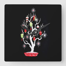 Vintages Mid Century Mod Asiatischer Weihnachtsbau Quadratische Wanduhr