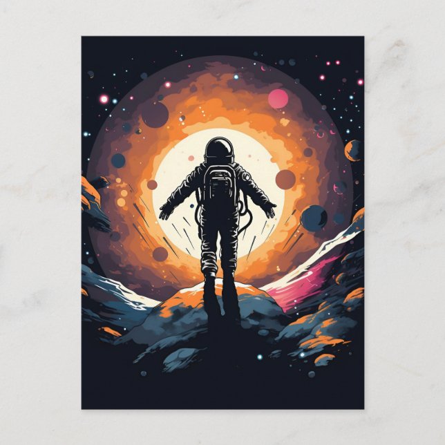 Vintages, Minimalistisches Raumfahrtagenteuer Ankündigungspostkarte (Vorderseite)