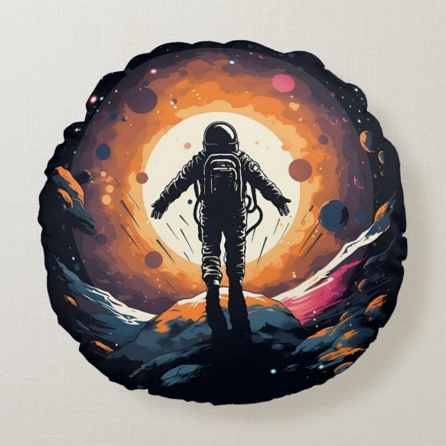 Vintages, Minimalistisches Raumfahrtagenteuer Rundes Kissen (Vorderseite)