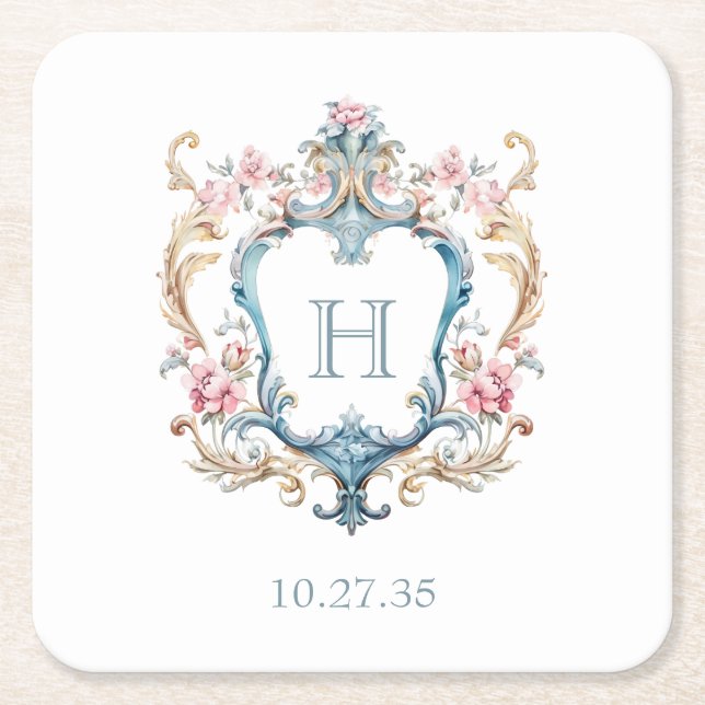 Vintages Mit Monogramm Wappen Rechteckiger Pappuntersetzer (Vorderseite)