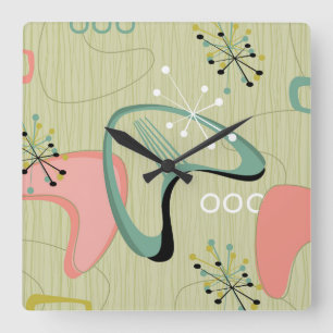 Vintages Mittelalter Moderner Sputnik Rosa Grün Quadratische Wanduhr