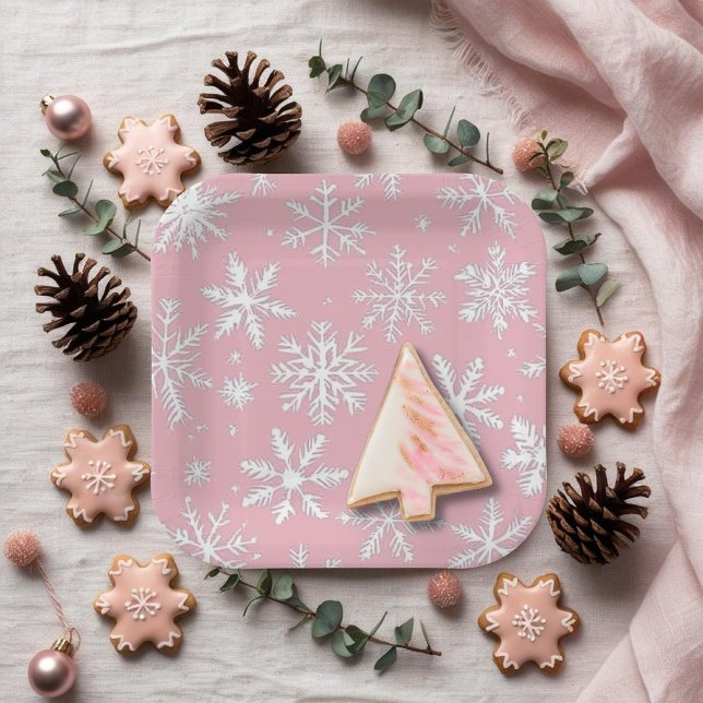 Vintages Modern rosa Schneeflocken-Muster Pappteller (Vintage Modern Pink Snowflakes pattern square Paper Plates)
