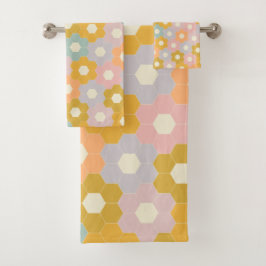 Vintages, modernes Hexagon-Blume-Muster in Pastel Badhandtuch Set