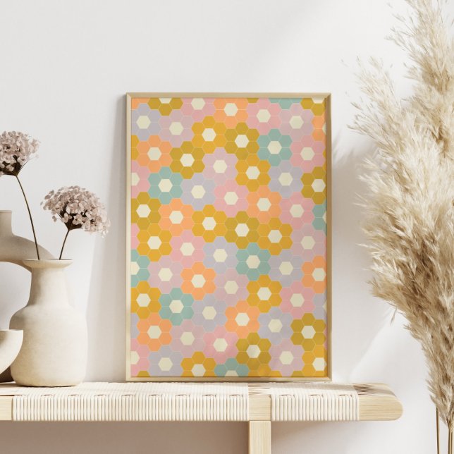 Vintages, modernes Hexagon-Blume-Muster in Pastel Poster (Von Creator hochgeladen)