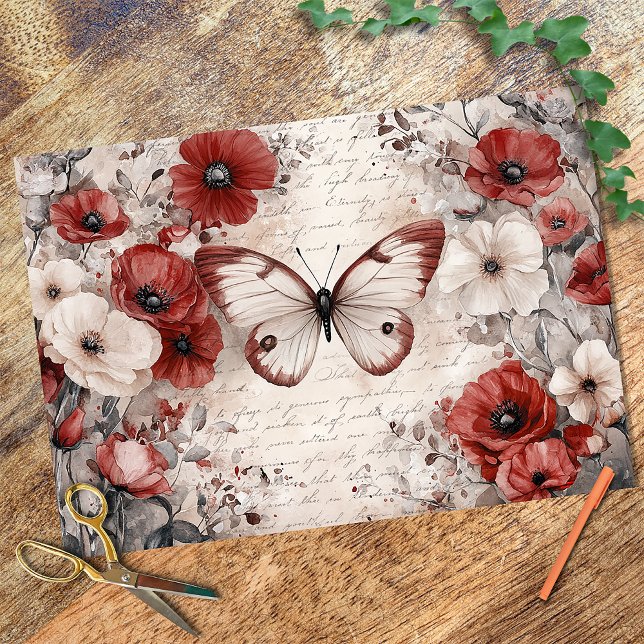 Vintages Mohnblütendecoup Seidenpapier (Poppy floral and butterfly collaged perfect for furniture decoupage!)