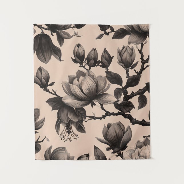 Vintages Monochrome Magnolia-Blumenband Wandteppich (Vorderseite)