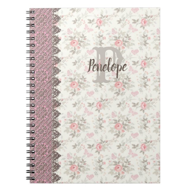 Vintages Monogram Floral Design Pink-Notebook Notizblock (Vorderseite)