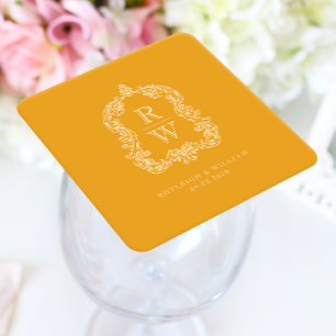 Vintages Monogram Wappen Marigold Yellow Wedding Rechteckiger Pappuntersetzer