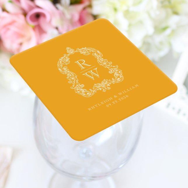 Vintages Monogram Wappen Marigold Yellow Wedding Rechteckiger Pappuntersetzer (Von Creator hochgeladen)