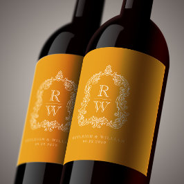 Vintages Monogram Wappen Marigold Yellow Wedding Weinetikett