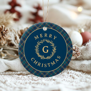 Vintages Monogram Wreath Blue Kariert Weihnachts-F Keramik Ornament