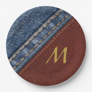 Vintages Monogramm-Denim und Leder Pappteller