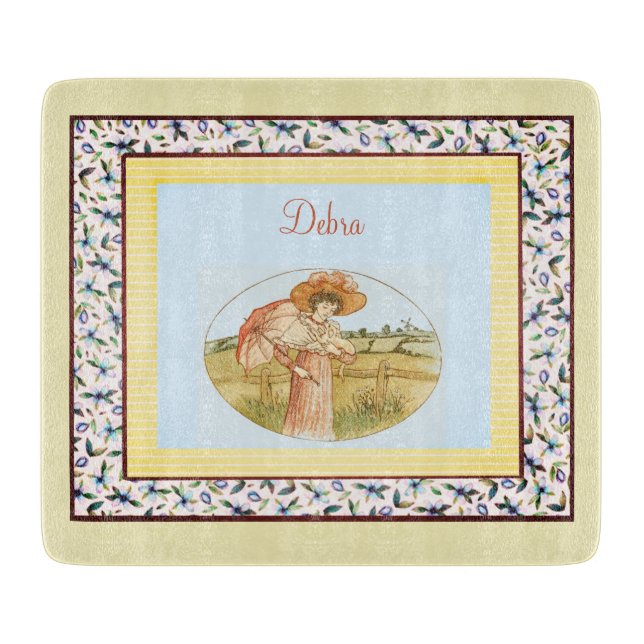 Vintages Monogramm Rosa Blau und Gelbe Girl Schneidebrett (Vorderseite)