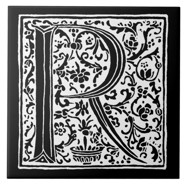 Vintages Monogramm-Schwarz-weiße "r-" Buchstaben Fliese (Vorderseite)
