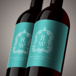 Vintages Monogramm Wappen Namen Türkis Hochzeit Weinetikett