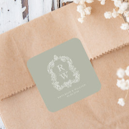 Vintages Monogramm Wappen Sage Green Wedding Quadratischer Aufkleber