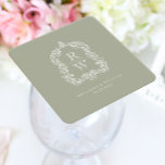 Vintages Monogramm Wappen Sage Green Wedding Rechteckiger Pappuntersetzer<br><div class="desc">Dieses elegante Design zeichnet sich durch ein verziertes, Vintag inspiriert Wappen von Acanthus-Blätter aus, die zwei Monogramm-Initialen in einem offenen Serifen-Schriftart abrahmen, vertikal gestapelt und durch eine dünne horizontale Linie getrennt sind. Fügen Sie die Namen des Paares und das Trauungsdatum unten hinzu. Das Design und der Text sind weiß auf...</div>