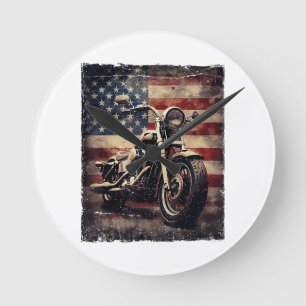 Vintages Motorrad USA Flag Retro Biker Amerikaner Runde Wanduhr