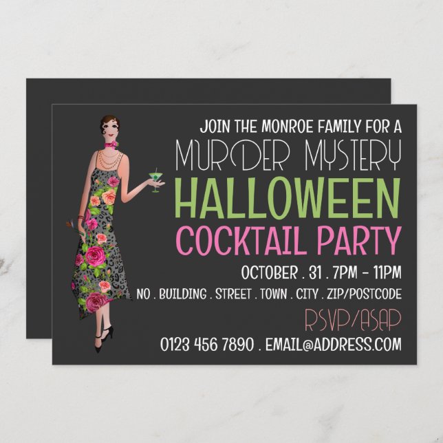 Vintages Murder Mystery Halloween Cocktail Party Einladung (Vorne/Hinten)