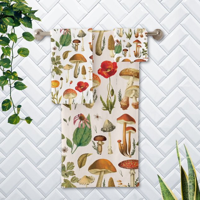 Vintages Mushroom- und Wildblume-Muster Badhandtuch Set (In situ Bathroom wall)